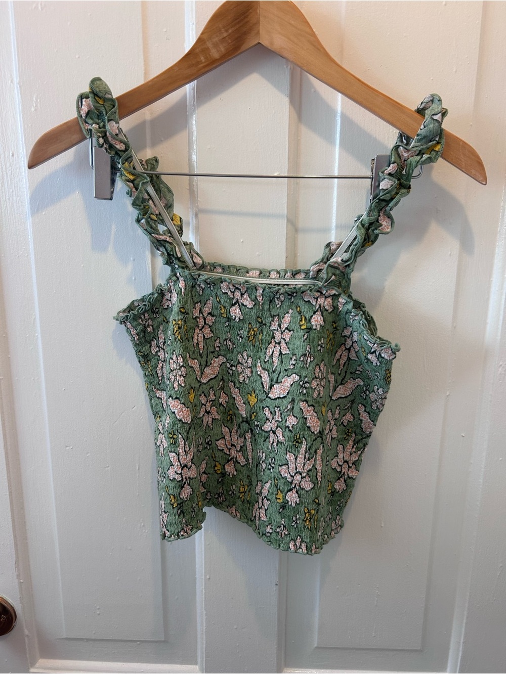 Aerie Jungle Thrills Smocked Crop Tank Top - Green & Pink Floral